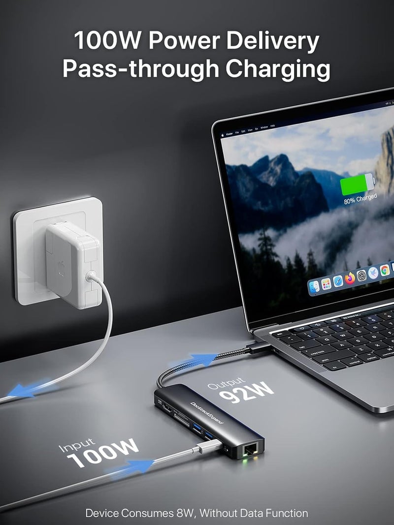 DockteckExpand USB C Hub Multiport Adapter, USB C Dongle 7 in 1 with 4K 60Hz HDMI Port, 1Gbps Ethernet, 100W PD, 2 USB 3.0 Ports, SD/TF Card Reader for MacBook iPad HP Dell XPS and More - Image 5